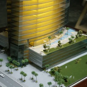 Architectural model of a modern tower and Terrace pool.