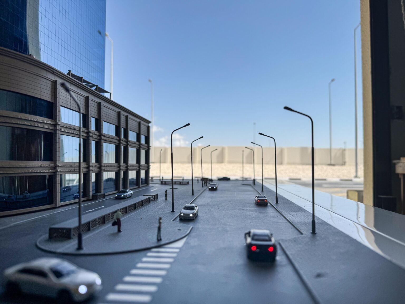 architecture model of a street with real sky in the backdrop