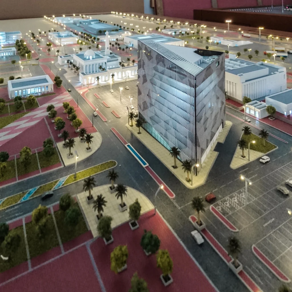 نموذج مصغر لمبنى ميناء حمد في قطر، يعكس التفاصيل الدقيقة للتصميم المعماري والبنية التحتية الحديثة للميناء